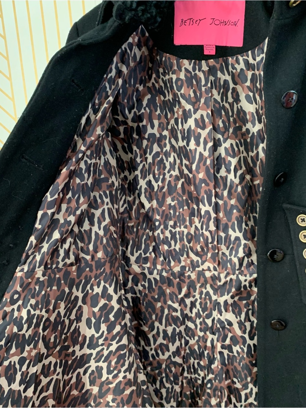 Betsey Johnson Y2K 2000's Black Wool Military Princess Coat Leopard Rose Lining - Picture 5 of 11